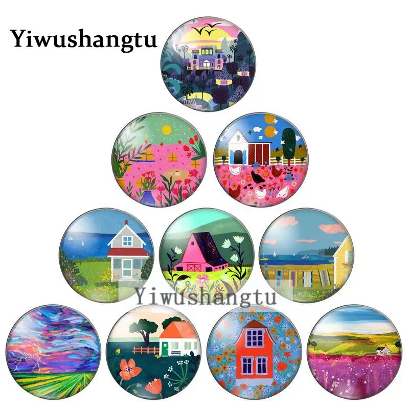 Fashion  fairy tale house  colour painting 12mm/18mm/20mm/25mm Round photo glass cabochon demo flat back Making findings ZB0543