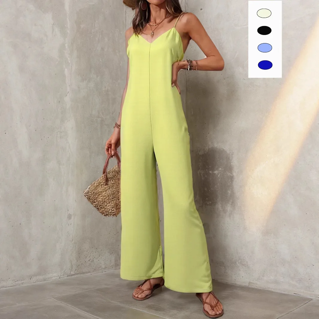Women's 2026 Fashion Spaghetti Strap V-Neck Wide-Leg Jumpsuit Multiple Colors Soft Casual Summer Vacation Beach Daily Wear