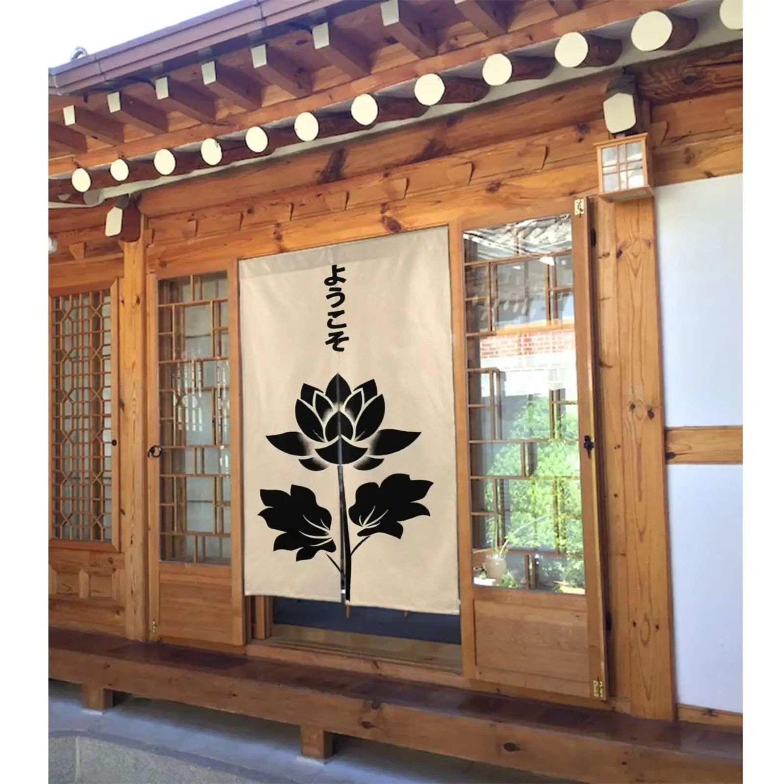Japanese Style Welcome Door Curtain Screen Panel with Lotus Flower Motif Traditional Noren Room Divider Hanging Decoration