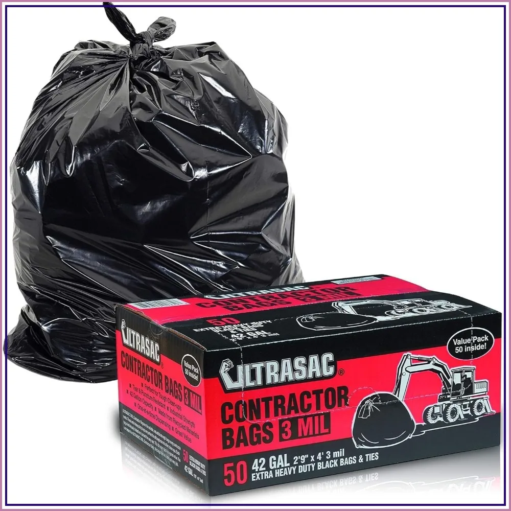

Heavy Duty Contractor Bags 42 Gallon 50 Pack with Ties, 3 MIL Thick Large Industrial Garbage Trash Bags for Construction Commercial Use