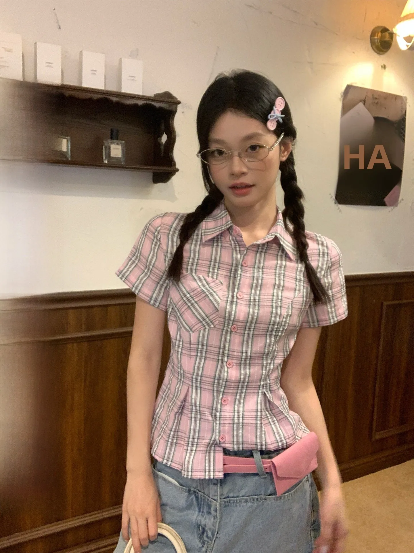 

Song Zhengen Women's Plaid Shirt Summer New Style Korean Design Waist-Cinching Short Sleeve Fashionable Breathable Skin-Friendly