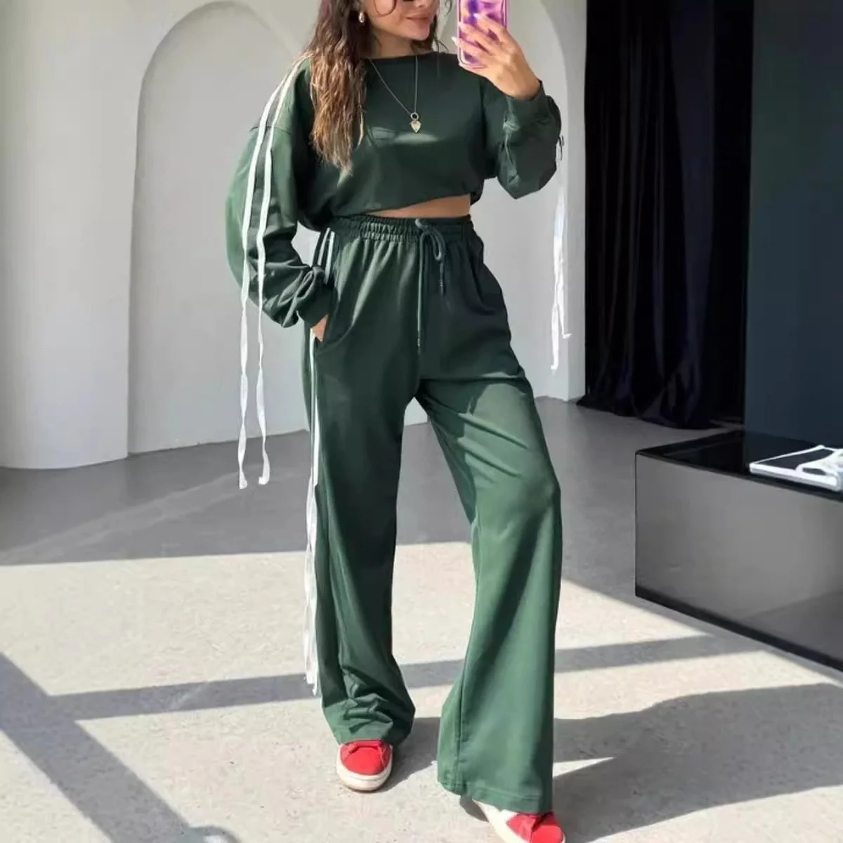 Fashion Patchwork Loose Pant Sets Women Long Sleeve Slash Neck Pullover Hoodie High Waisted Straight Trouser Hip Hop Casual Suit