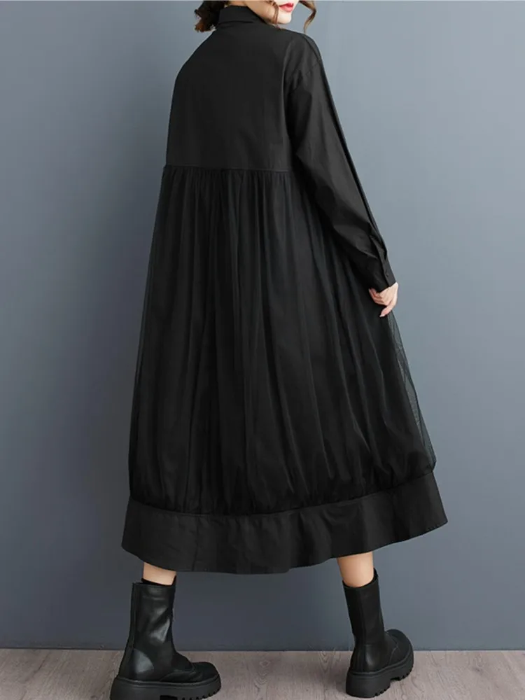 Oversized Mesh Patchwork Autumn Shirt Dress Women Loose Pleated Fashion Long Sleeve Ladies Dresses Casual Woman Long Dress