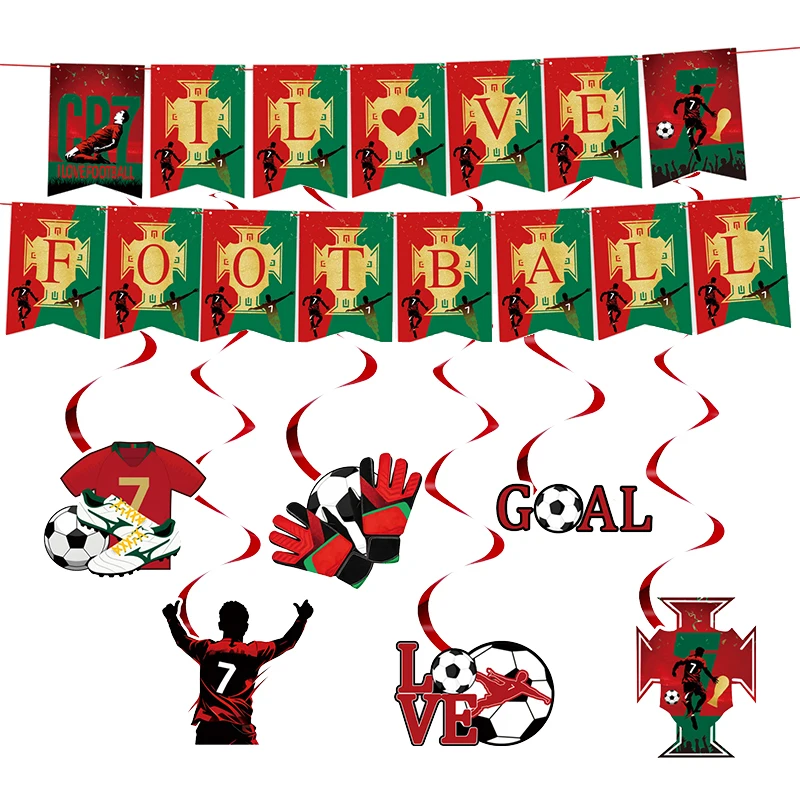 Nieuwe CR7 Verjaardagdecoratie Voetbal Superster Feestartikelen Voetbal Party Favoren Tafelkleed Bordjes Papieren Bekers Achtergrond