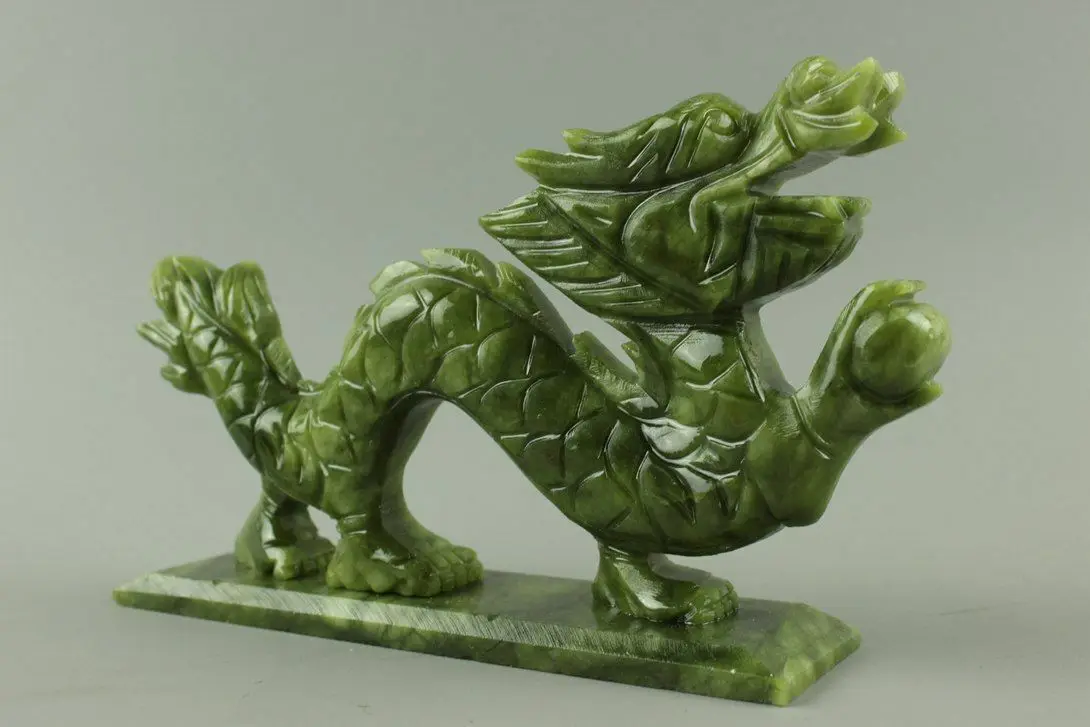 Green natural jade Chinese hand-carved Dragon statue good luck