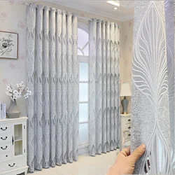 Gray Hollow Leaves Opaque Bedroom Tulle Curtains Modern White Tulle For Windows Curtains For Living Room Decoration Sheer Drapes