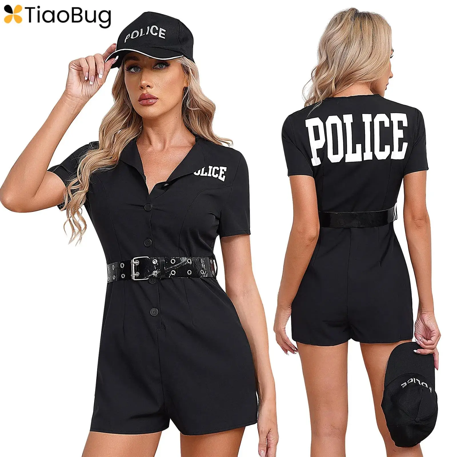 

Womens Cosplay Cop Officer Outfit Policewoman Costumes Short Sleeve Letter Print Rompers+Belt+Cap 3Pcs Set Halloween Uniform