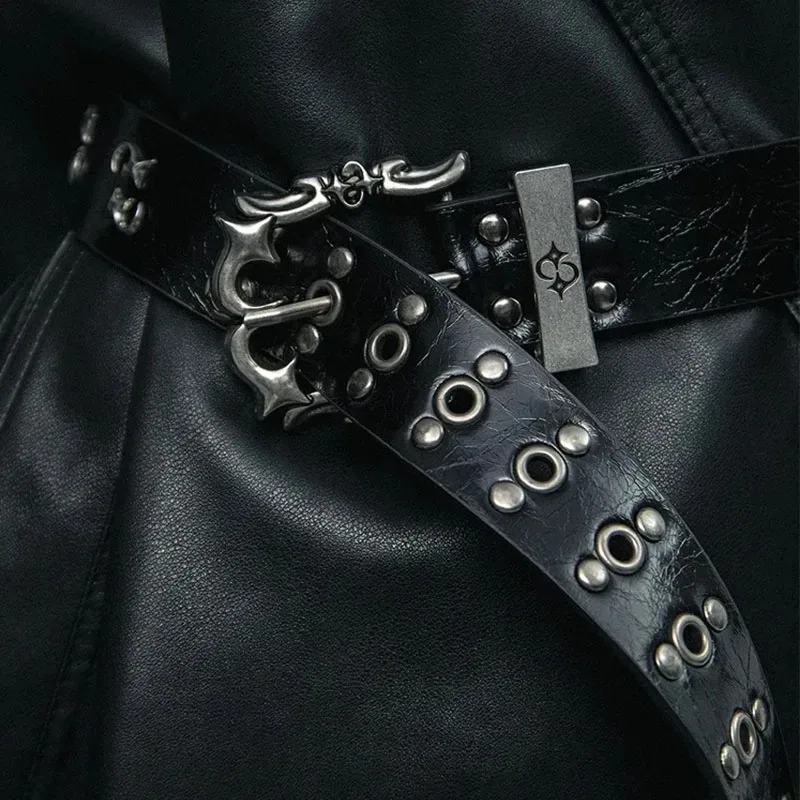 Черный панк-готический ремень с заклепками, градиентный цветной ремень, металлический крутой винтажный пояс, аксессуары, шикарный ремень из искусственной кожи, Y2K, украшение для джинсов