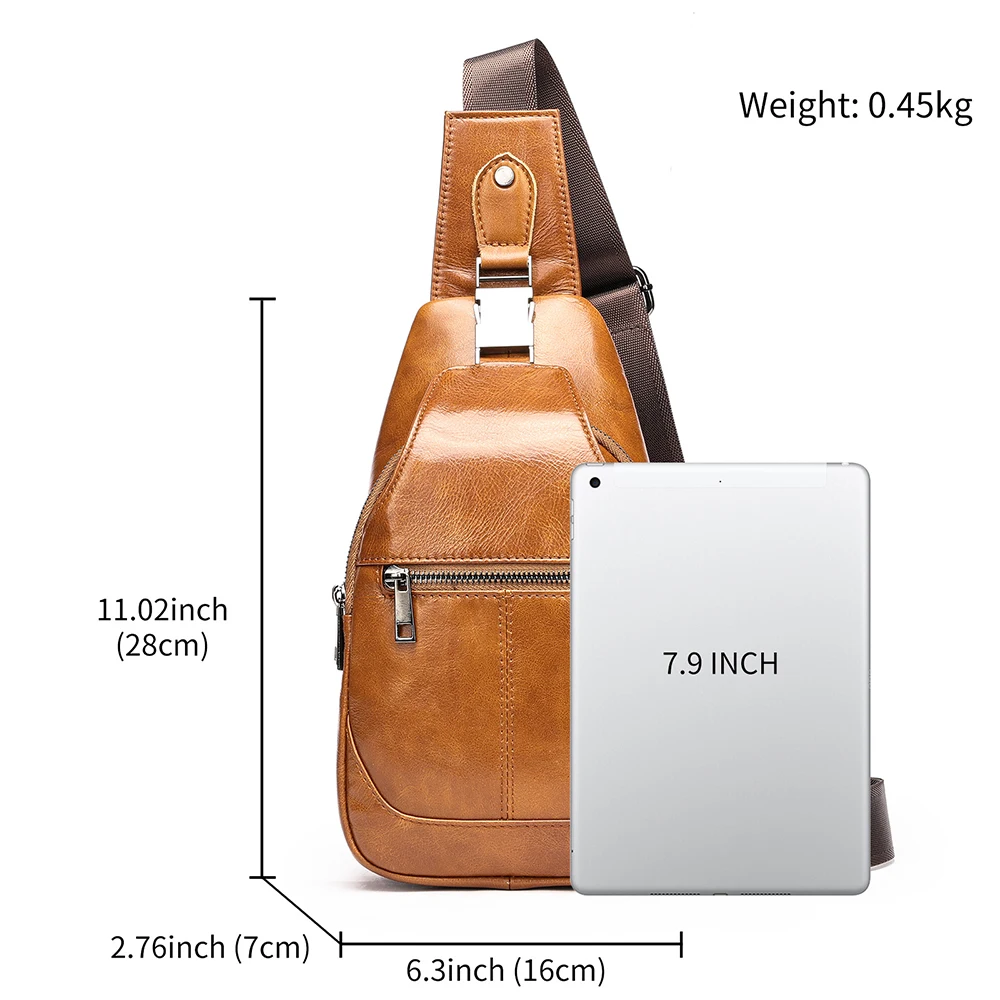 WESTAL Genuine Leather Sling Bags Men Zipper Designer Chest Pack for 7.9\'\' Tablet, Travelling Chest Bags for Phone Messenger Bag