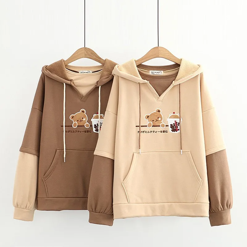 Kawaii Bear Women Hoodie Cute Milk Tea Sweatshirt Harajuku Soft Girls Pullover Winter Warm Tracksuit Outerwear