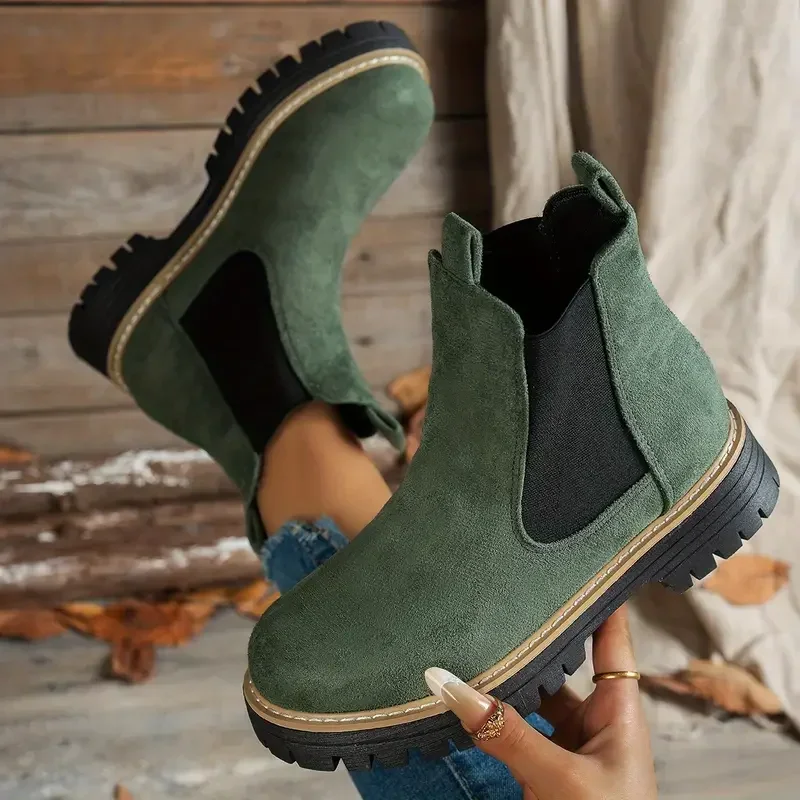 

2025 женские ботильоны, модная обувь без шнуровки с круглым носком в стиле ретро, женские удобные короткие ботинки на платформе на низком каблуке, Botas De Mujer