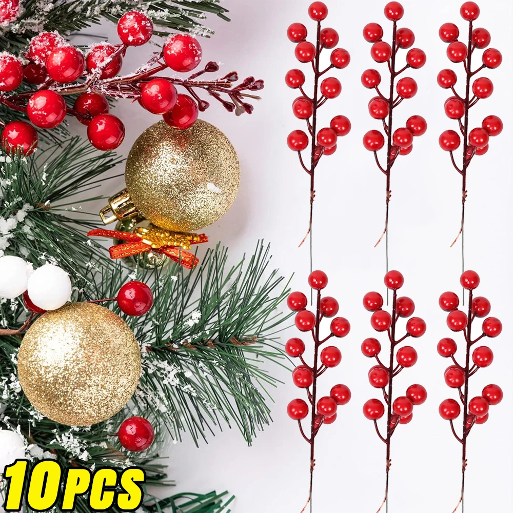 10/1Pcs Artificial Red Berries Stems Plastic Christmas Holly Berries Branches DIY Xmas Tree Ornaments New Year Party Decor Gifts