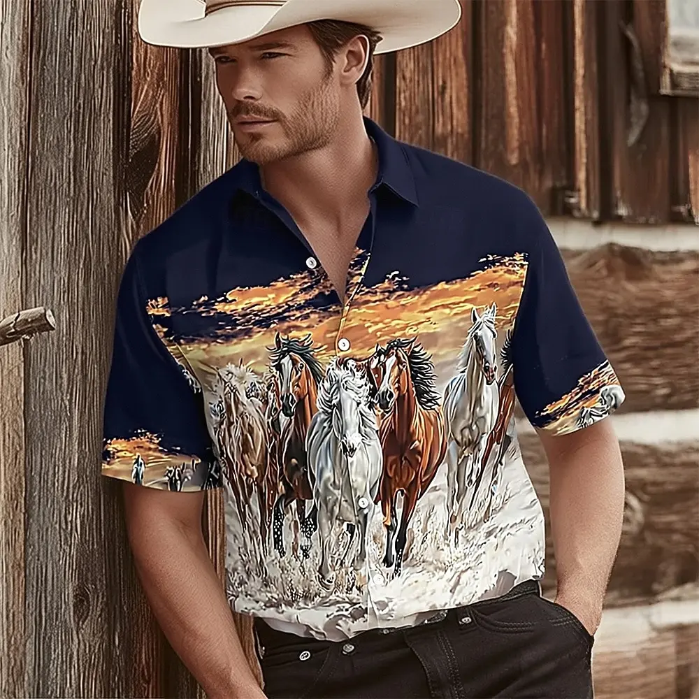 

Men's Turndown Short Sleeve Horse Sunset 3D Print Shirt, Vintage Western Cowboy Casual Outdoor Tops Dark Blue Spring Summer