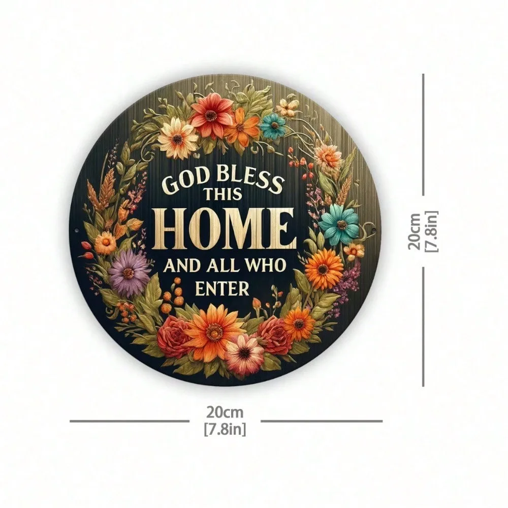 God Bless This Home Metal Welcome Sign - 8-Inch Wreath Design for Front Door/Porch, Home/Room/Wall Decor, Birthday Graduation Gi