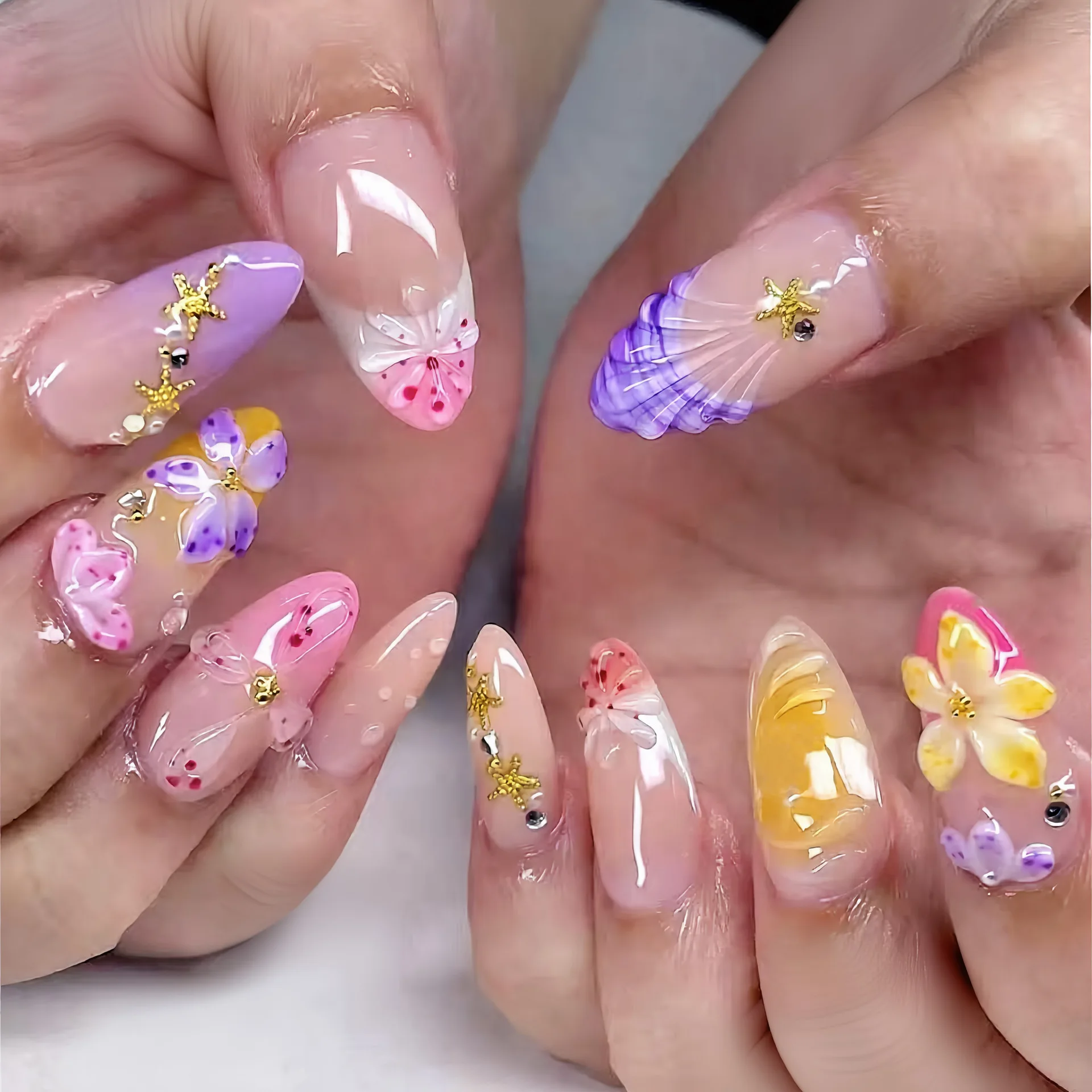 

24PCS Pink Purple 3D Flower Press on Nails with Gold Starfish and Shell Decor Almond Acrylic False Nails for Summer Beach Style