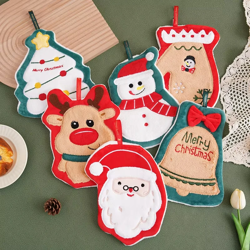 Cute Christmas Cleaning Towel Coral Velvet Hand Towel Snowman Bathroom Hanging Elk Santa Tree Pattern Xmas Decor Plush Towel Set