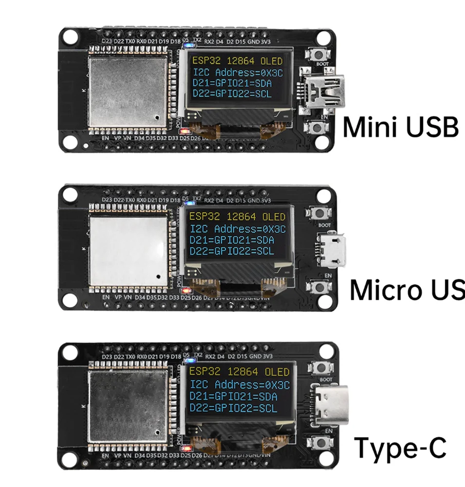 ESP-WROOM-32D ESP32 Development Board 0.96 Inch OLED Display,CH340C,WiFi+BLE Wireless Module,Type-C/Mini/Micro USB for Arduino