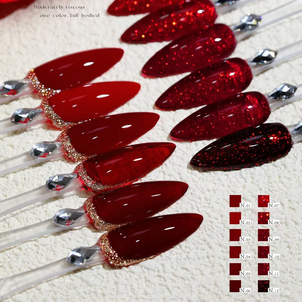 Funkelnde Chips Diamant Gel Nagellack Set mit Display Karte rote Farben Gel Soak Off UV LED Gel Nail Art Dekoration 15 ml