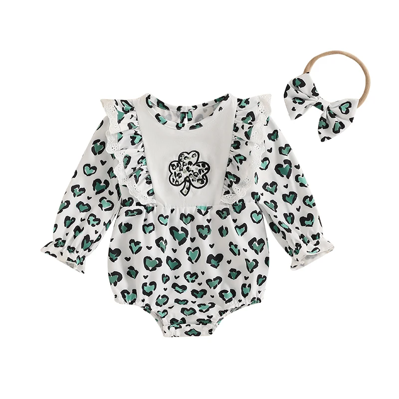 

Baby Girls Rompers Easter Clothes Heart/Rabbit/Rainbow Print Lace Ruffles Long Sleeve Spring Bodysuits with Headband