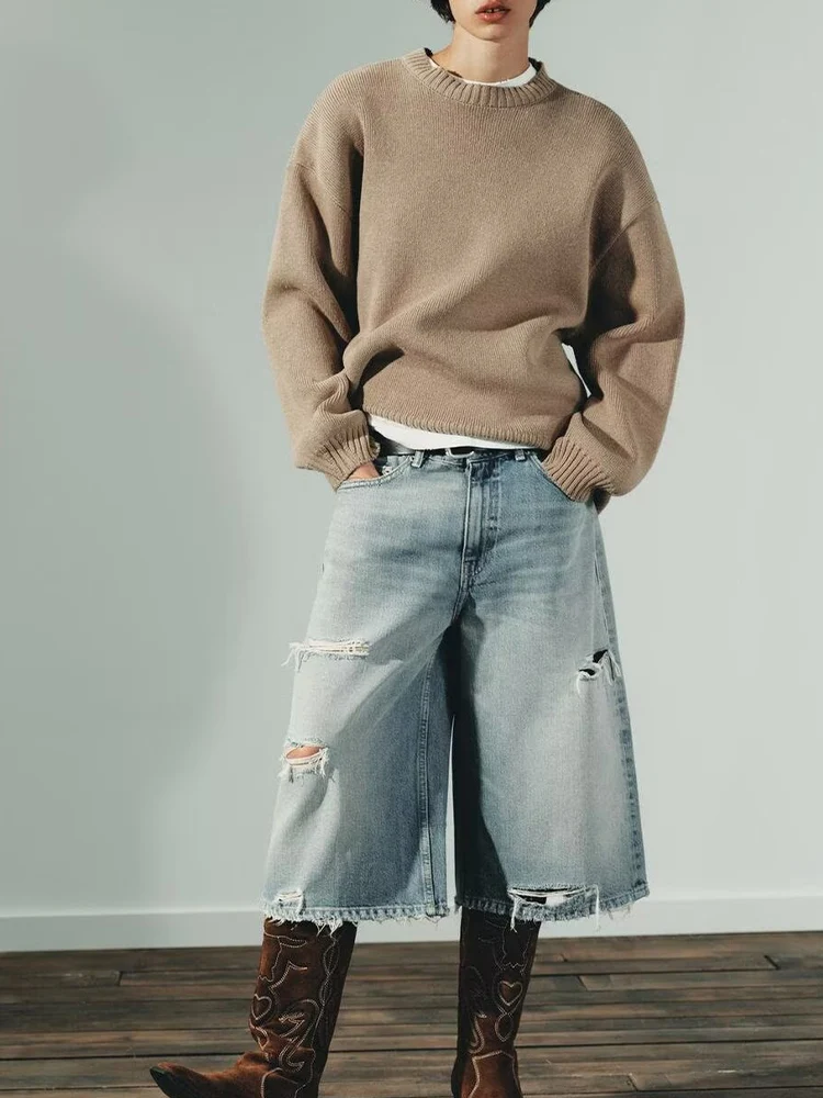 

Новый женский осенне-зимний модный тренд в европейском и американском стиле, простой повседневный однотонный свободный повседневный пуловер, свитер