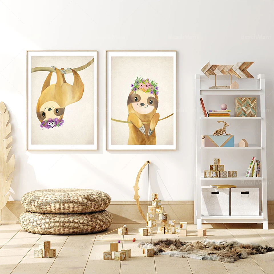 Un ensemble de 2 impressions sur le thème de la paresse, paresse, paresse fleurie, cadeaux paresseux, peintures murales pour chambre d'enfant, impressions d'animaux, impressions d'animaux bébés, un ensemble de motifs