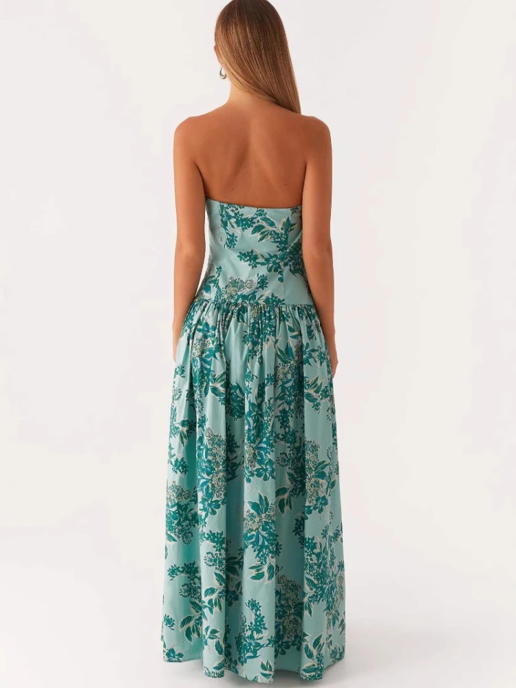 Sumber Boho Strapless Hot Girl Print Dress Office Work Maxi Dresses Sleeveless Sexy Beach Party Long Dress for Women Clothing