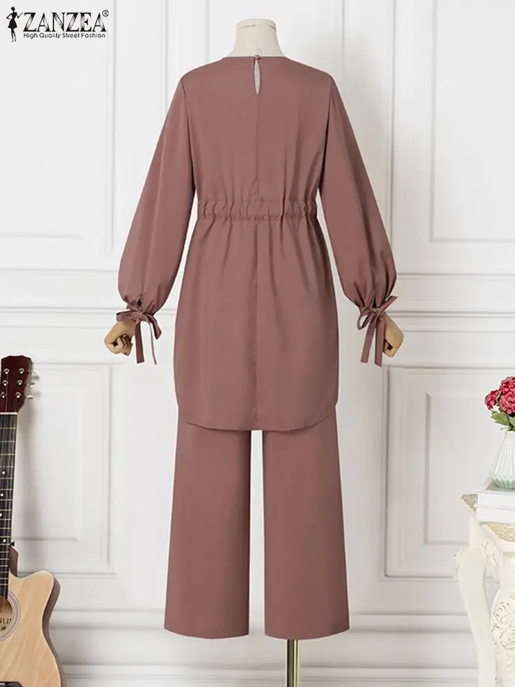 ZANZEA Muslim Women Matching Sets Long Sleeve Solid Color Tops And Loose Pant Suits Elegant Fashion Casual Tracksuit Kaftan 2023