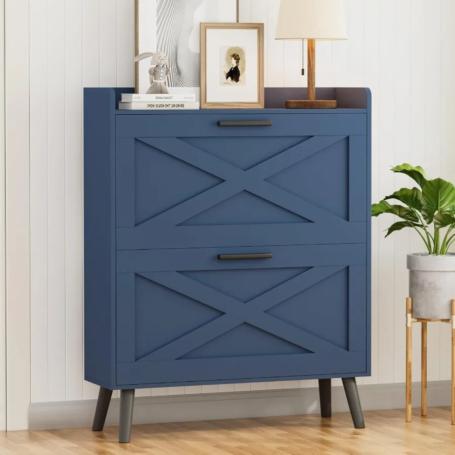 خزانة تخزين أحذية المزرعة بقدرة 32 وات مع درجين قابلين للطي وتصميم باب الحظيرة وأرفف قابلة للتعديل حذاء ضيق ونحيف مخفي حديث