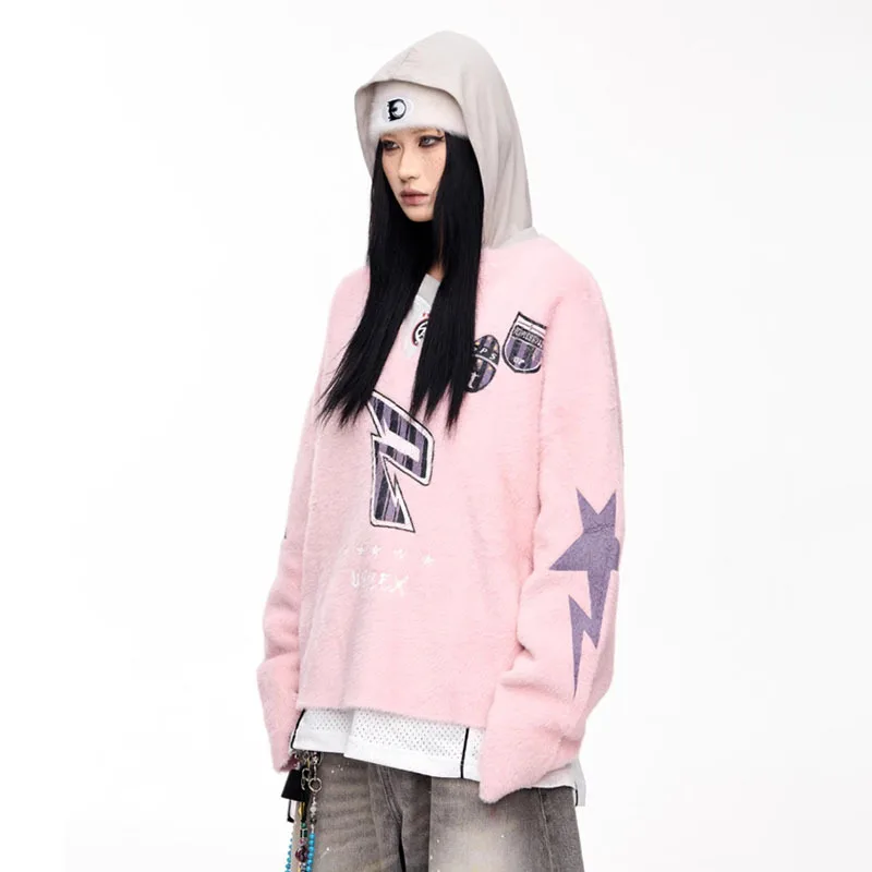 MWJLPWQ プリントフェイクファーVネックプルオーバーセーター メンズ ハイストリート グレー ユニセックス ニットウェア ルーズ カジュアル トップス 2025年秋新作 11206