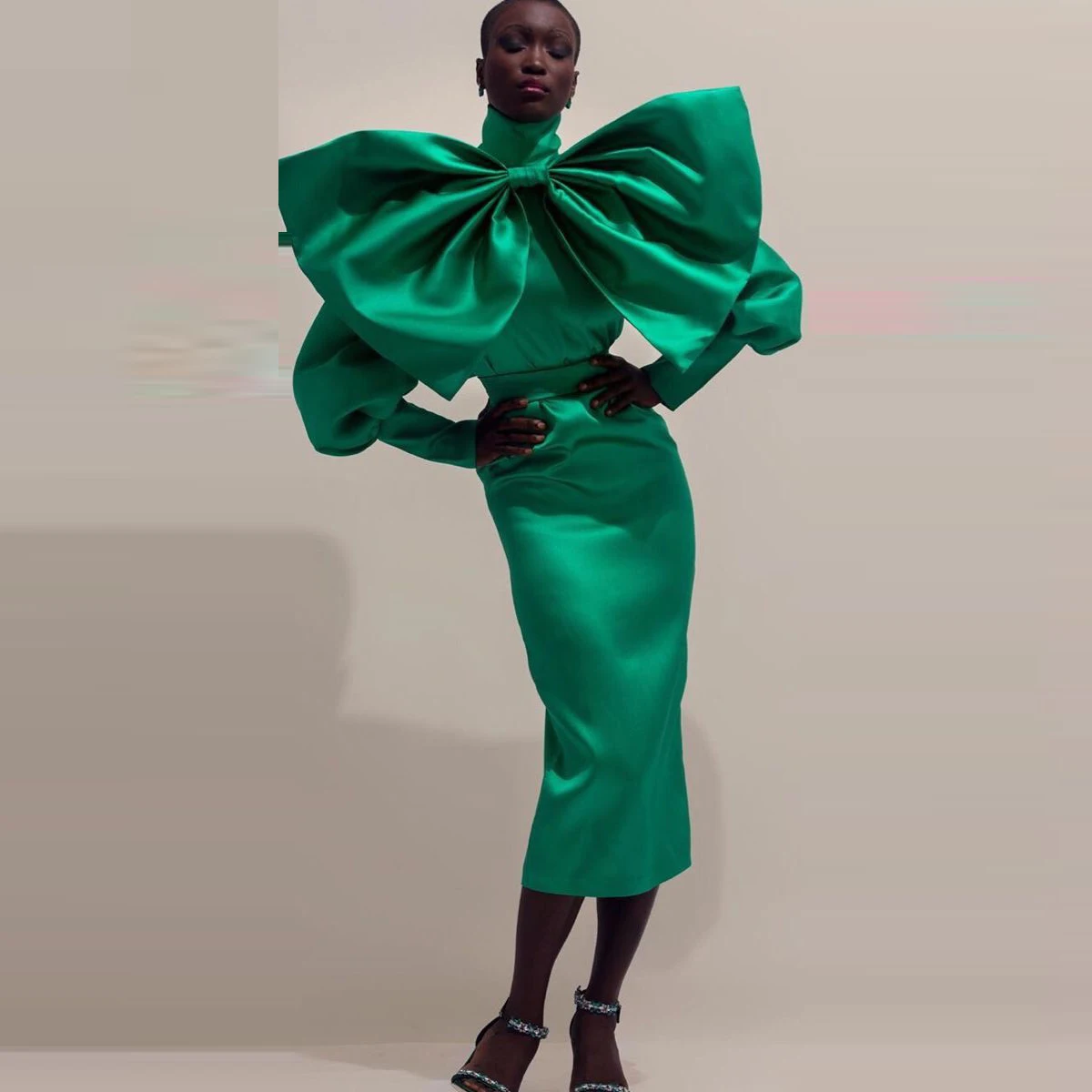 

Green High Neck Big Bowknot Style Evening Gowns Long Sleeves Black Girls Tea Length Formal Party Dress African Women Formal Wear