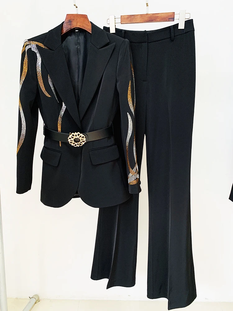 HIGH STREET Newest Fashion 2024 Designer Runway Suit Set Women\'s Colorful Diamonds Belted Blazer Flare Pants Suit 2pcs