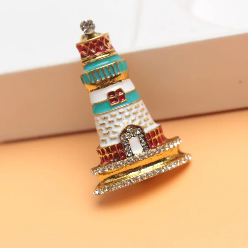 Fashion Trendy Enamel Rhinestone Lighthouse Tower Brooches Jewelry for Women Alloy Building Casual Party Brooch