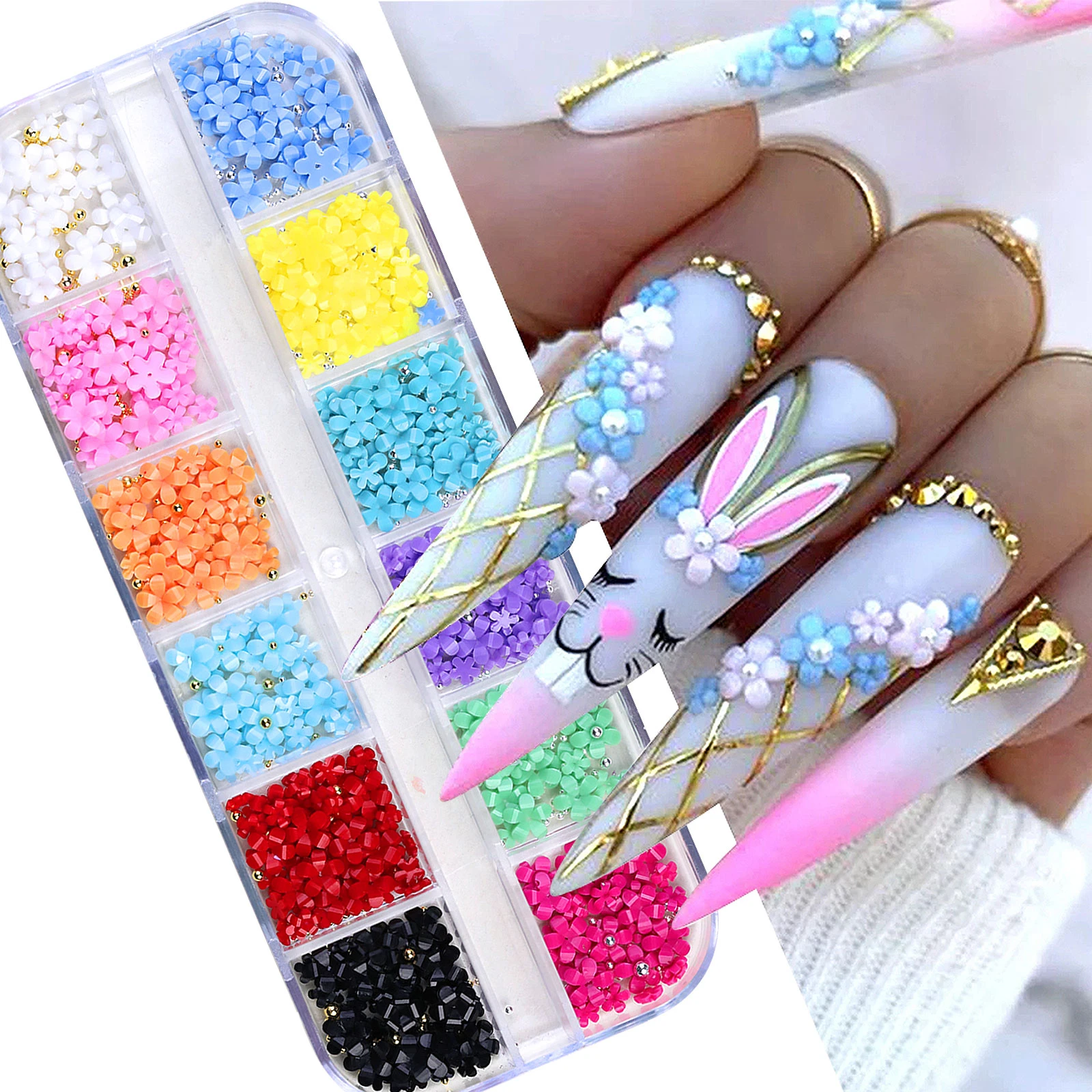 12 Grids 3D Acrylic Flower Nail Parts Decoration Mixed Steel Beads Gems Charms Kawaii Nail Supplies For Professional Accessories