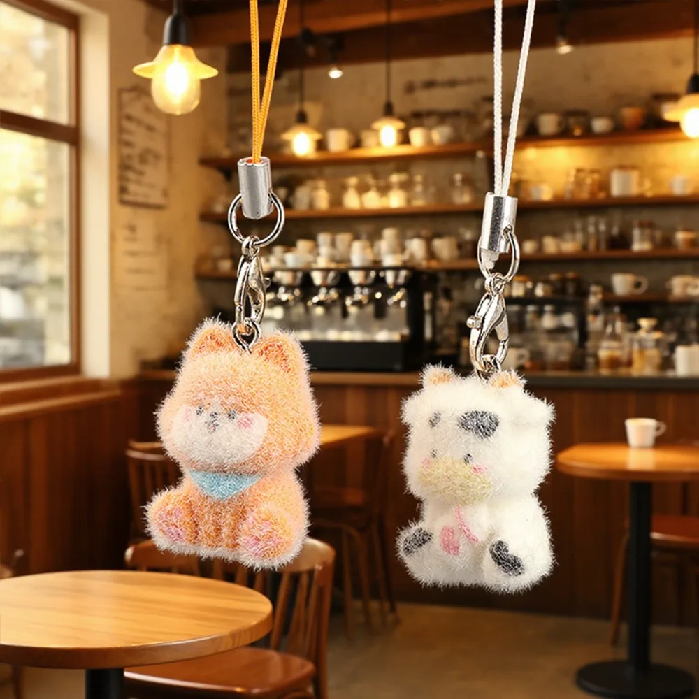 

Cute Animal Keychains Flocking Resin Cat Phone Straps Keyring for Bag Pendant Mobile Phone Lanyard Accessories Daily Key Chains