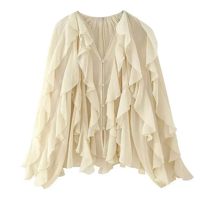 New 2025 Women Sexy Semi-Sheer Ruffle Shirt Long Sleeve V Neck Front Button Spring Blouse Bury Blusas Mujer - Image 2