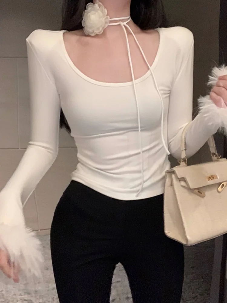 

Sweet And Spicy Style Women's Long Sleeve T-Shirt Square Collar Feather Splicing Slim Fit Top Early Autumn New Arrival