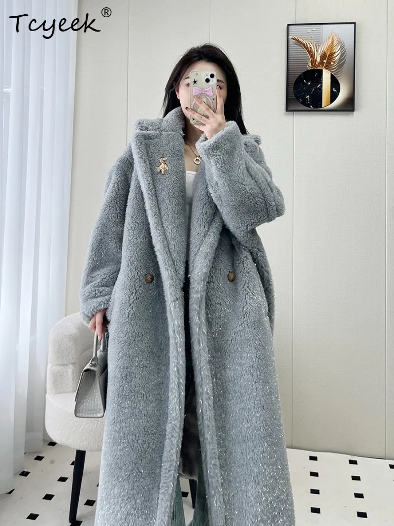 Tcyeek Alpaca Wool Blend Silk Yarn Women Coat Mid-Length Teddy Clothing Mid-Length Oversized Fur-Like Warm Outerwear Winter 2026