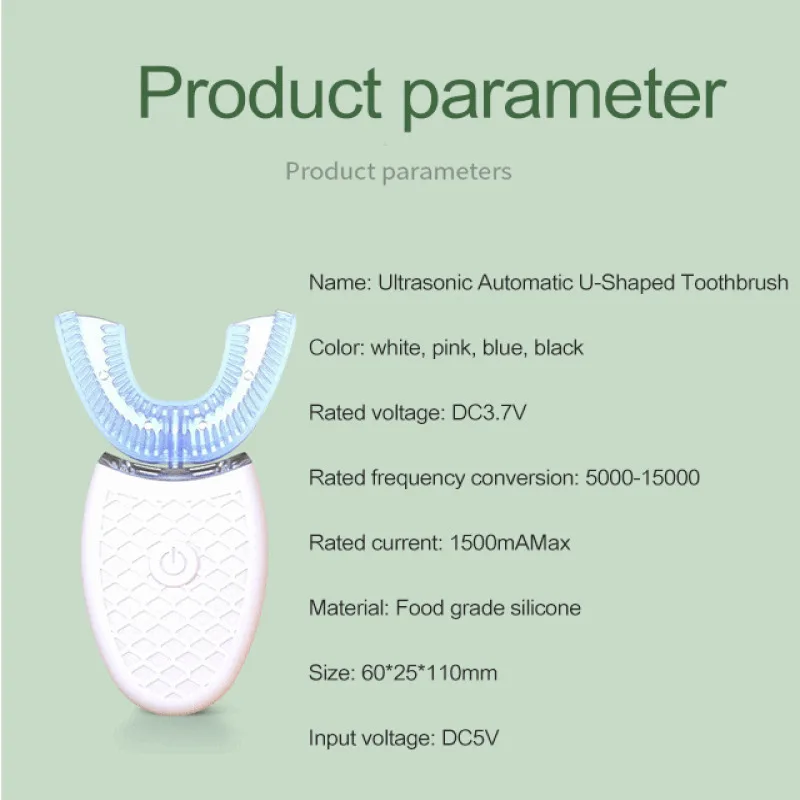 음파 미백 및 실리콘 치아 보호용 자동 성인용 U자형 전동 칫솔