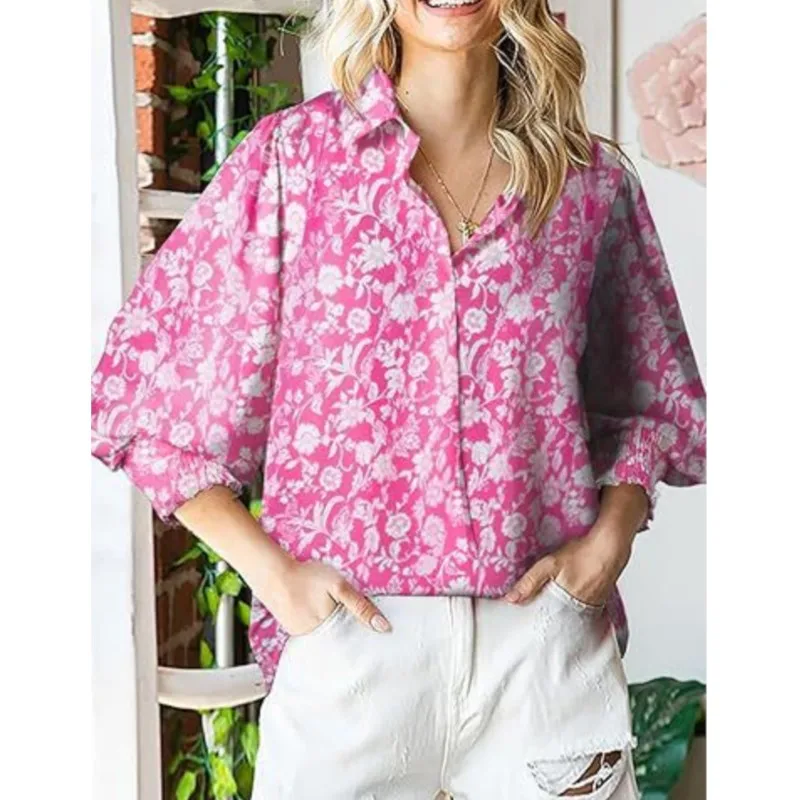 Casual Women's V-Neck Lantern Long Sleeve Shirts Fashion Blouses Tops New Bohemian Graphic Printing Loose Shirt Clothe For Women