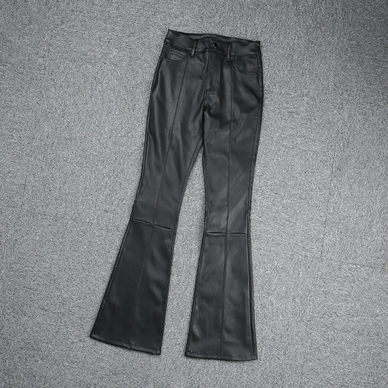 High Strecth Leather Trousers Lady High Waist Slim Super Long Elastic Sheepskin Black Bell Pants Women's Clothing Free Shipping