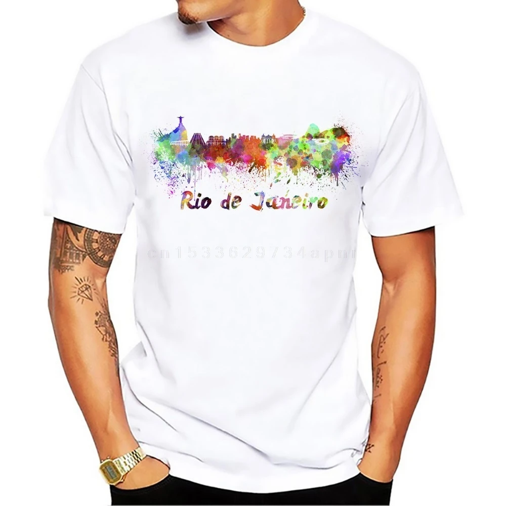 Brazil Sao Paulo watercolor landmark skyline tshirt men summer new white short sleeve casual homme cool Rio de Janeiro t shirt