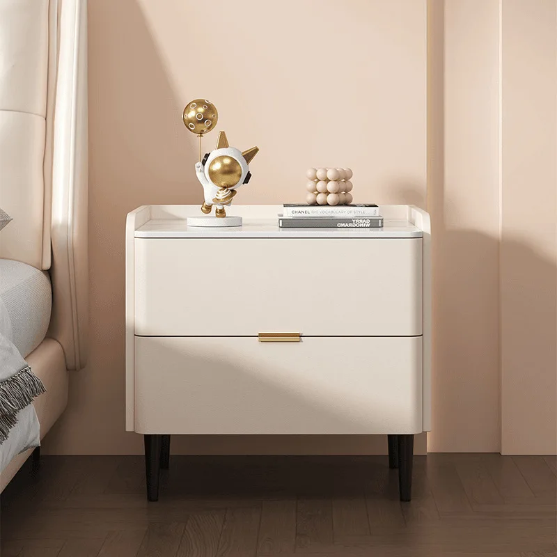 

Modern Style Solid Wood Bedside Table with Sintered Stone Top, Bedroom Storage Cabinet with 2 Drawers, Hotel End Table
