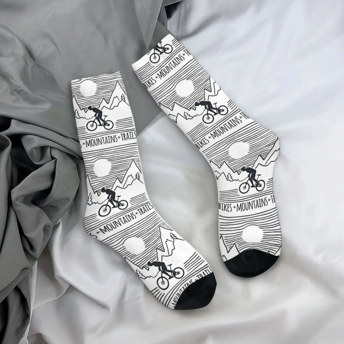 Funny Crazy Sock for Men Mountains Trails Downhill MTB Hip Hop Harajuku Bicycle Bike Pattern Printed Boys Crew Sock Casual Gift