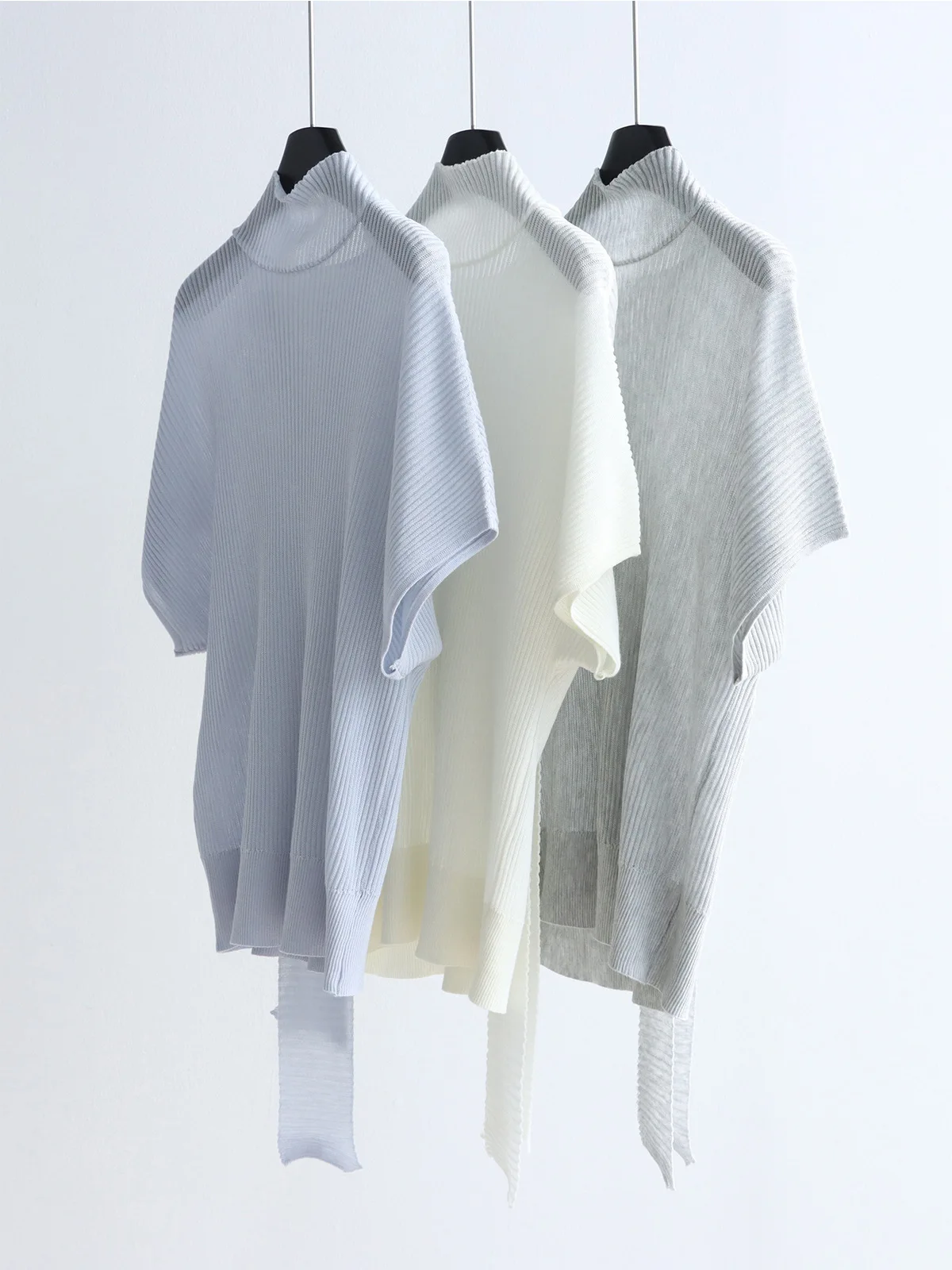 

Dave&di Front And Back Light And Thin Half High Neck Ribbon Knitted Shirt Elegant Short Sleeved Top Lyocell Lazy Pullover For