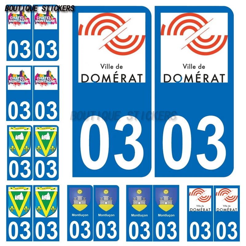 2Pcs Autocollant plaque d'immatriculation française noir bleu 03 Montluçon Domérat Voussac Châtel-Montagne logo Waterproof PVC