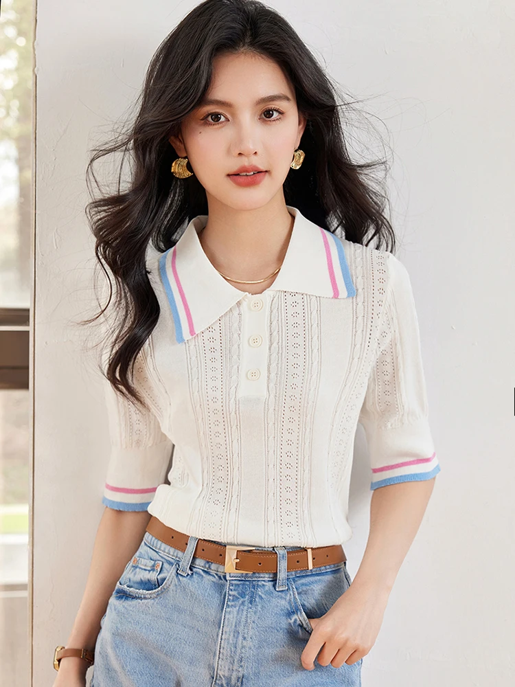 French Design Women's Turn-down Collar Knitted T-shirt Elegant Short Sleeve Top Summer New Pullover Sweater Slim Basic Tops