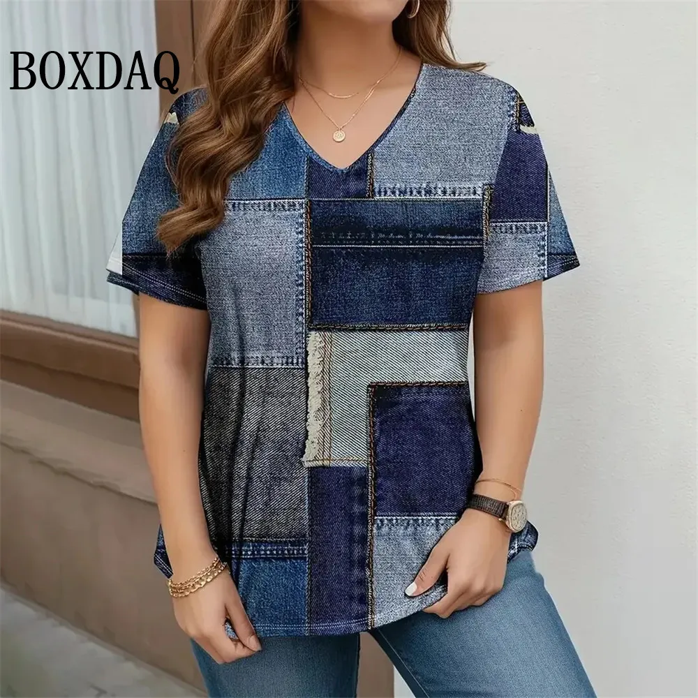 Women's T-shirt Summer V-Neck Short Sleeve Tops Vintage Geometry Graphic Print Loose Shirts Female Casual Plus Size Clothing 8XL