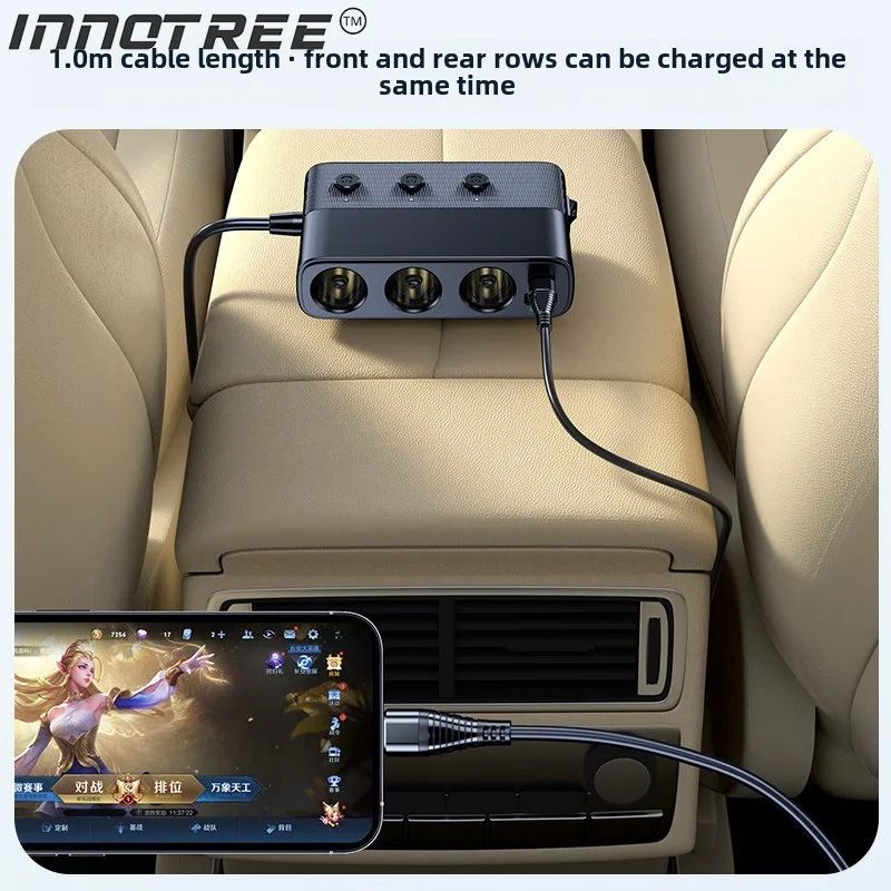 

INNOTREE 128W 7-in-1 Car Charger PD QC3.0 Fast Charging Adapter with Independent Switches Cigarette Lighter Socket DC Outlet