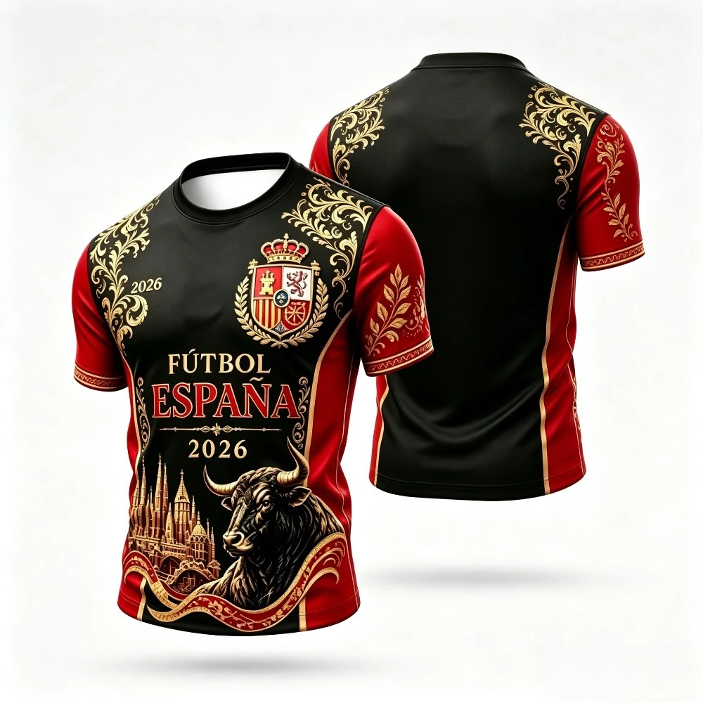 Men Spain Espana Soccer T-Shirt Vintage Golden Bull Cathedral Graphic Casual Short Sleeve Sports Jersey view 2