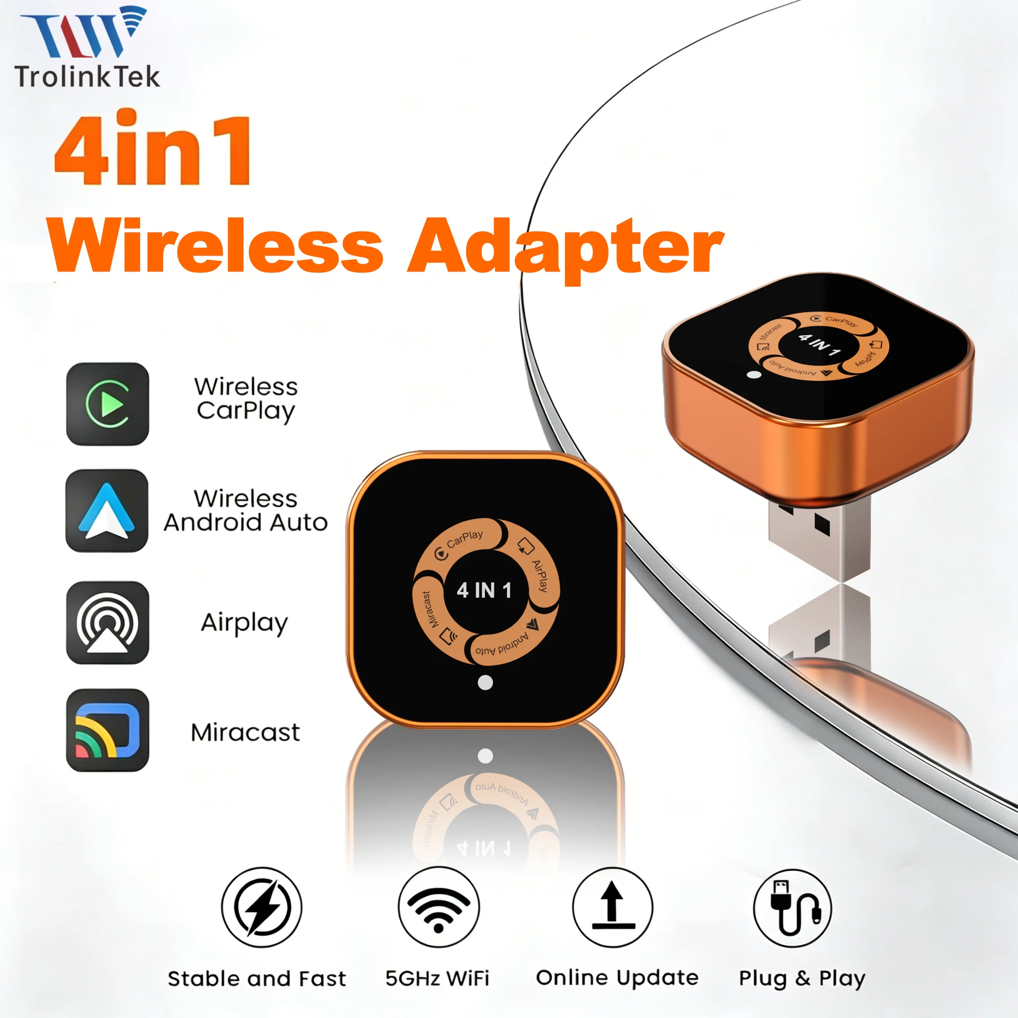 

Адаптер 4-в-1 для беспроводного подключения CarPlay, Android Auto, AirPlay и Mirror Link, стабильный Bluetooth-донгл для Audi, Benz, Toyota, VW